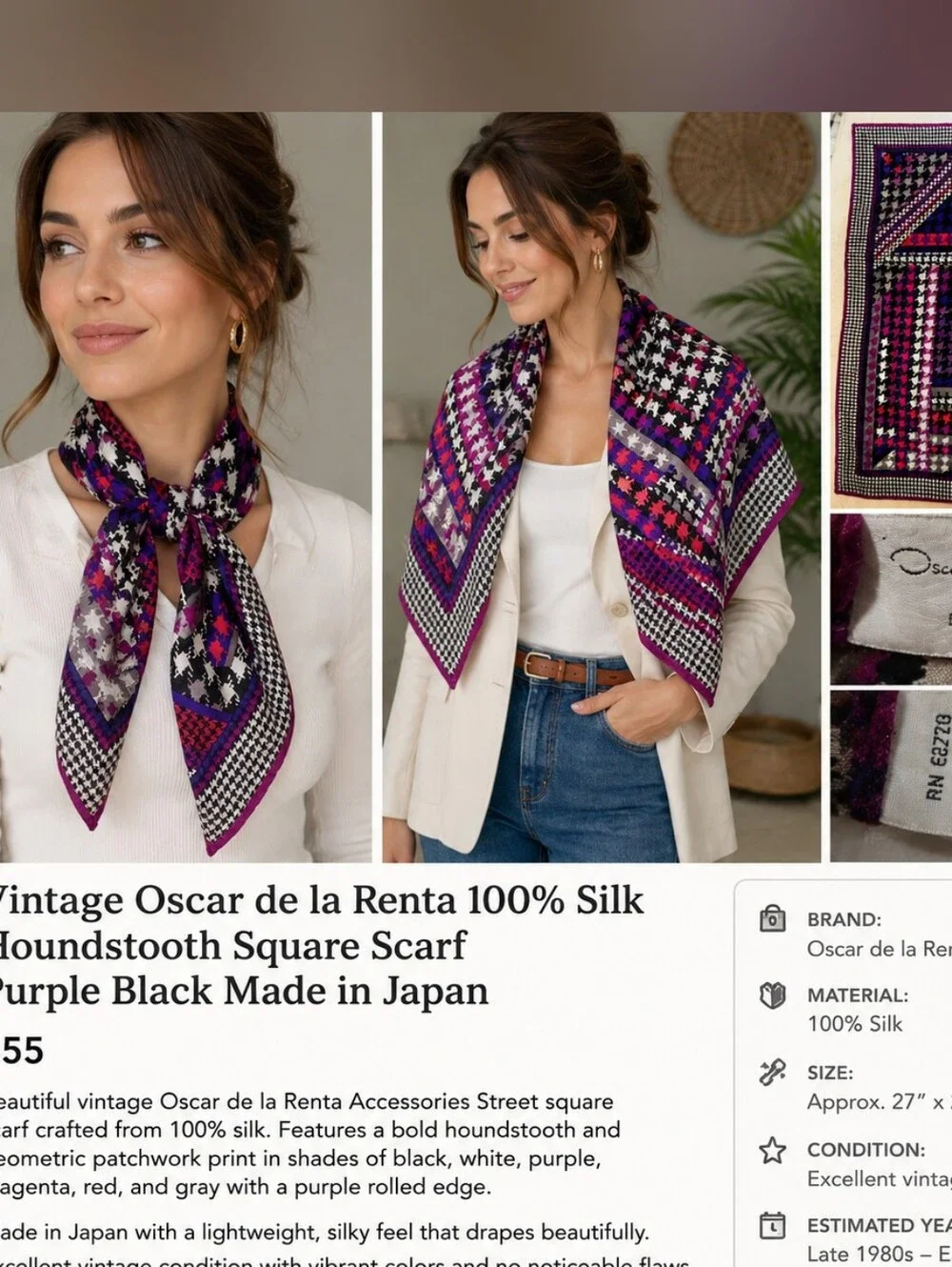 Vintage Oscar de la Renta 100% Silk Houndstooth Square Scarf Purple Black